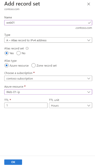 Screenshot of adding an alias record to refer to the Azure public IP of the I I S web server using the Add record set page.
