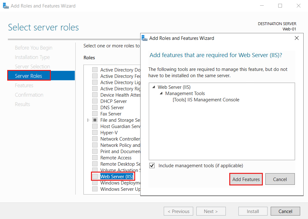 Screenshot of Add Roles and Features Wizard in Windows Server 2019 showing how to install the I I S Web Server by adding Web Server role.