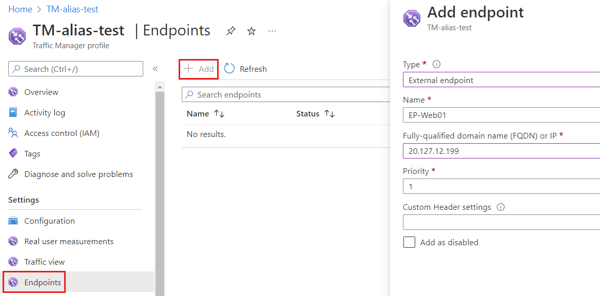 Screenshot of the Endpoints page in Traffic Manager profile showing selected settings for adding an endpoint.