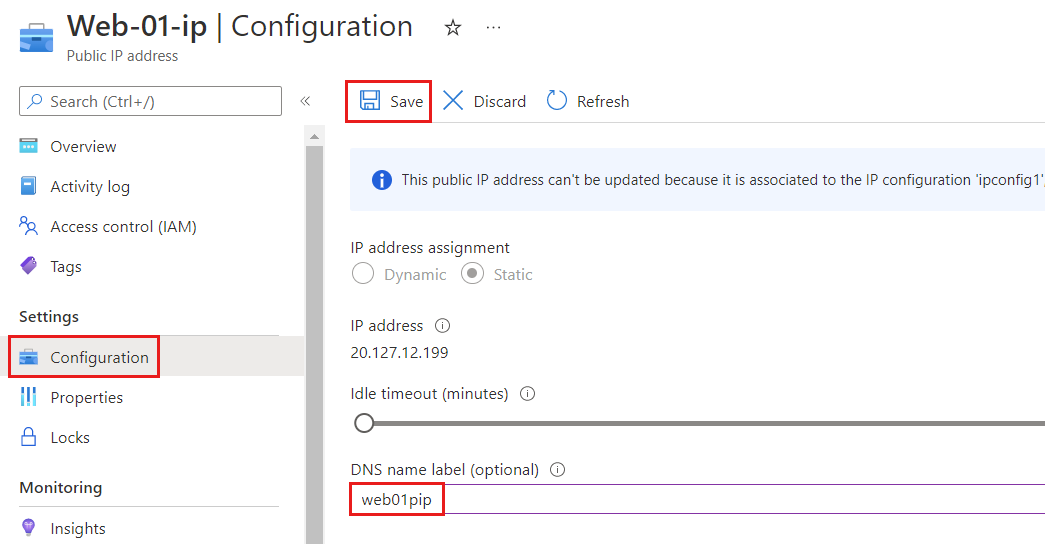 Screenshot of the Configuration page of Azure Public IP Address showing D N S name label.