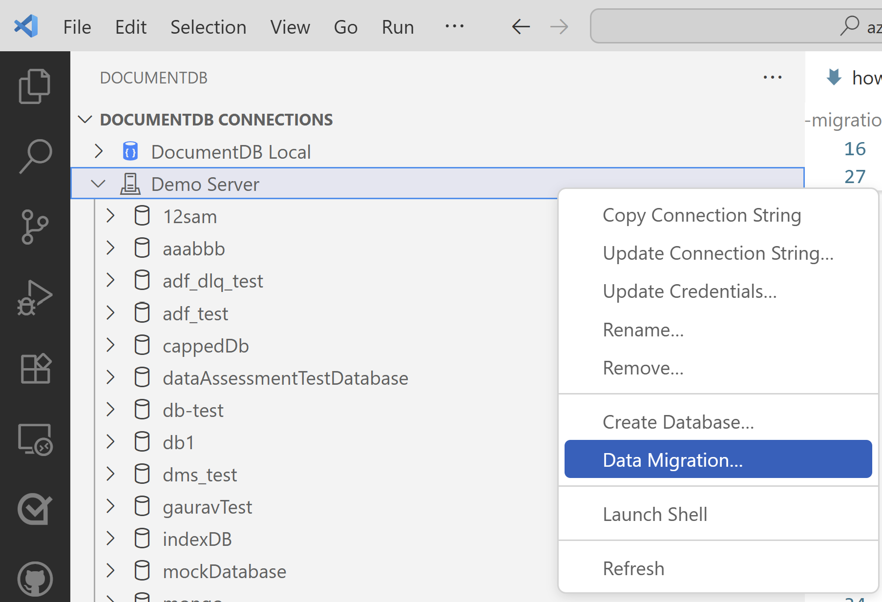 Screenshot of the Right Click menu in Document DB Connections.