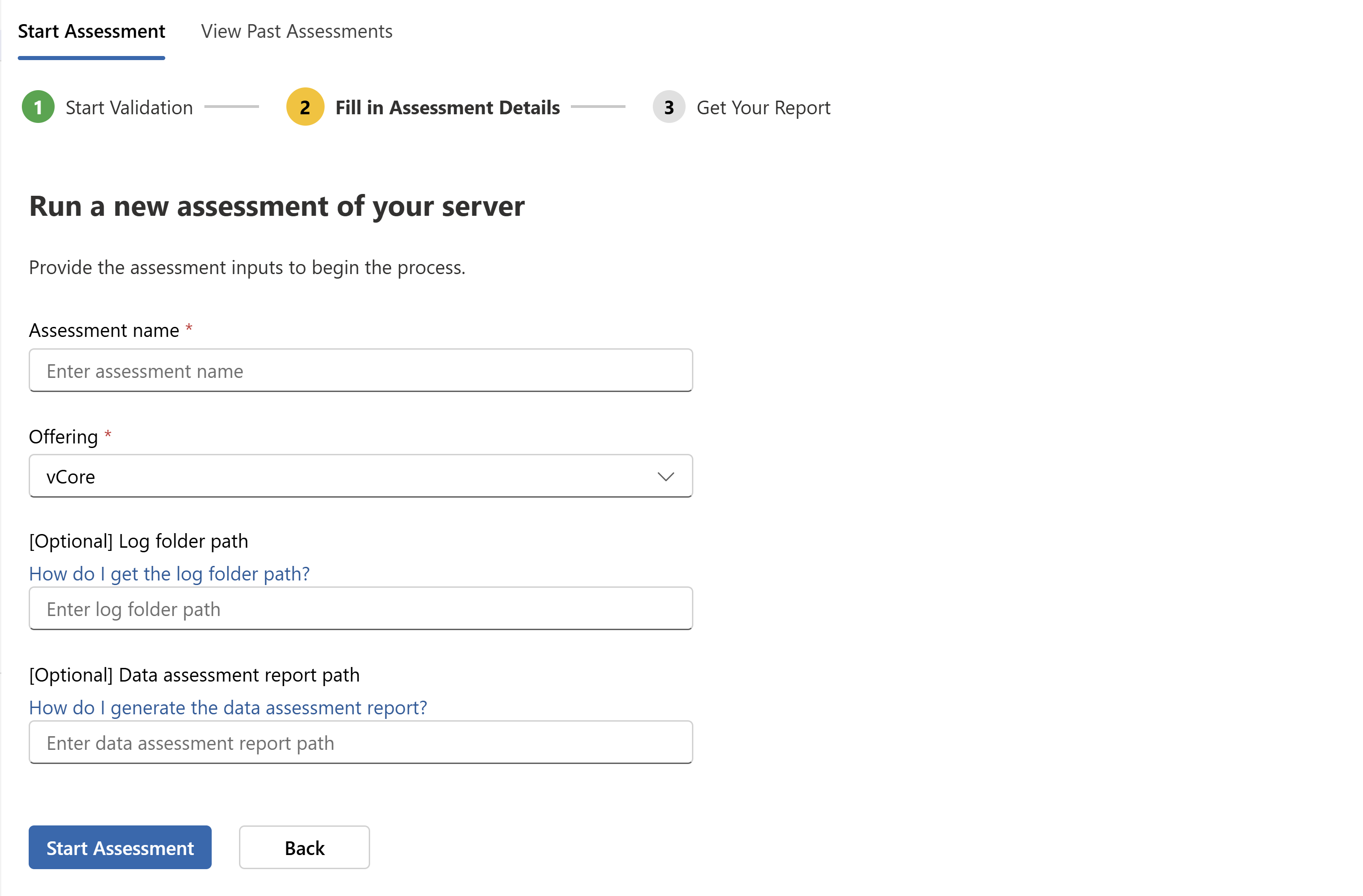 Screenshot of the Fill in Assessment Details step in the assessment wizard.
