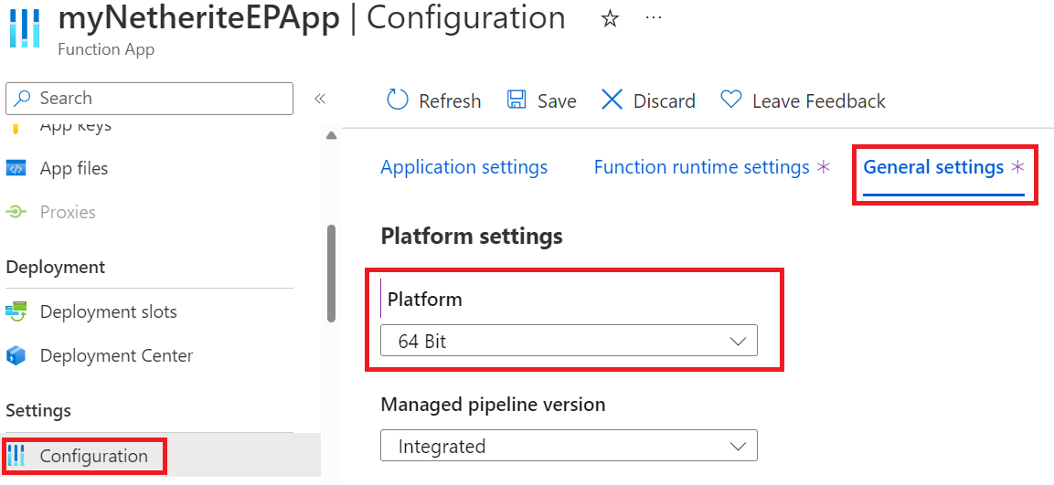 Screenshot of configuring the platform to use 64-bit architecture in the Azure portal.