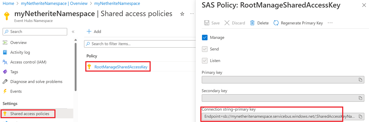 Screenshot of the connection string primary key in the Event Hubs namespace in the Azure portal.