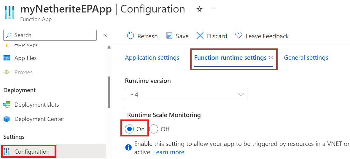 Screenshot of enabling runtime scale monitoring in the Azure portal.