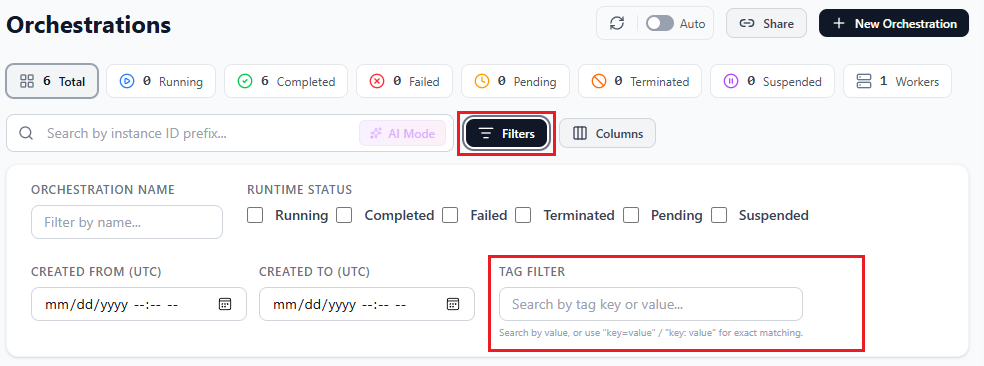 Screenshot of the Durable Task Scheduler dashboard showing the tag filter and tags column in the orchestration list.