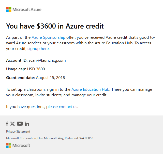 Screenshot that shows an email message with a Get Started link to the Azure Education Hub.