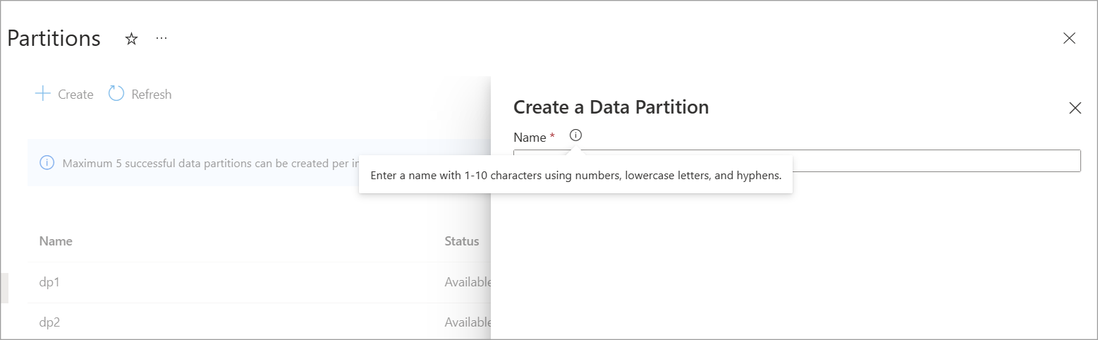 Screenshot for create a data partition with name validation. The page also shows the name validation while choosing the name of a new data partition.
