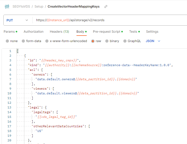 Screenshot that shows the API call to create header vector mapping in Postman.