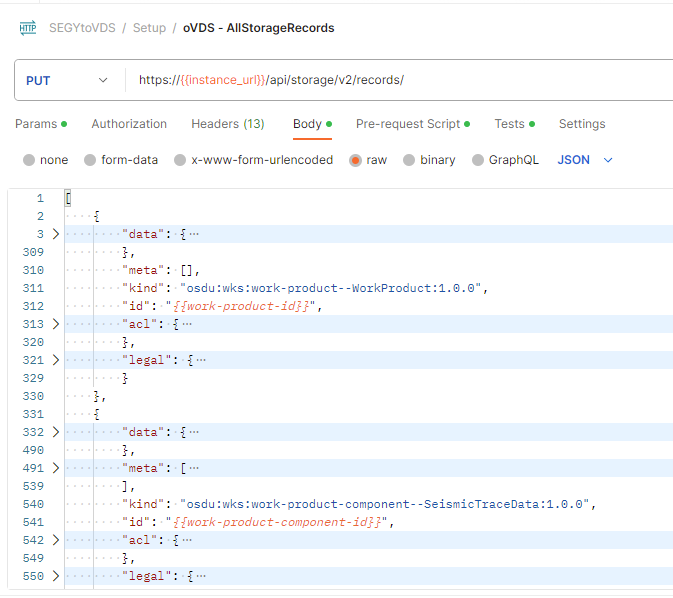 Screenshot that shows the API call to create storage records in Postman.