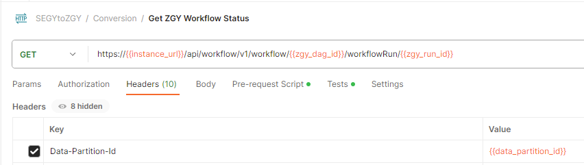 Screenshot that shows the API call to check the conversion workflow's status in Postman.