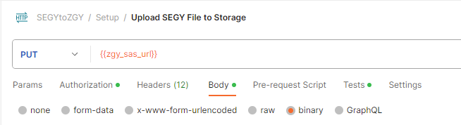 Screenshot that shows the API call to upload a file binary in Postman.