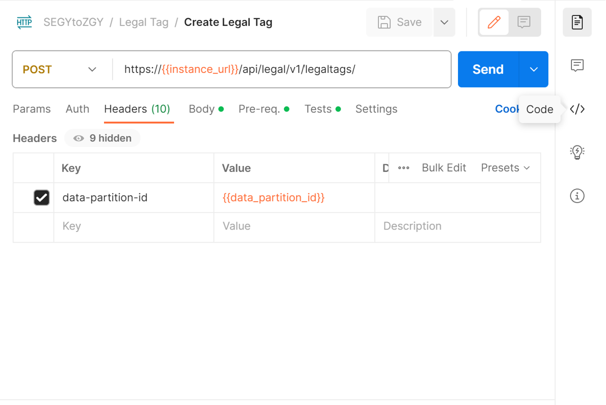Screenshot that shows the Code button in Postman.