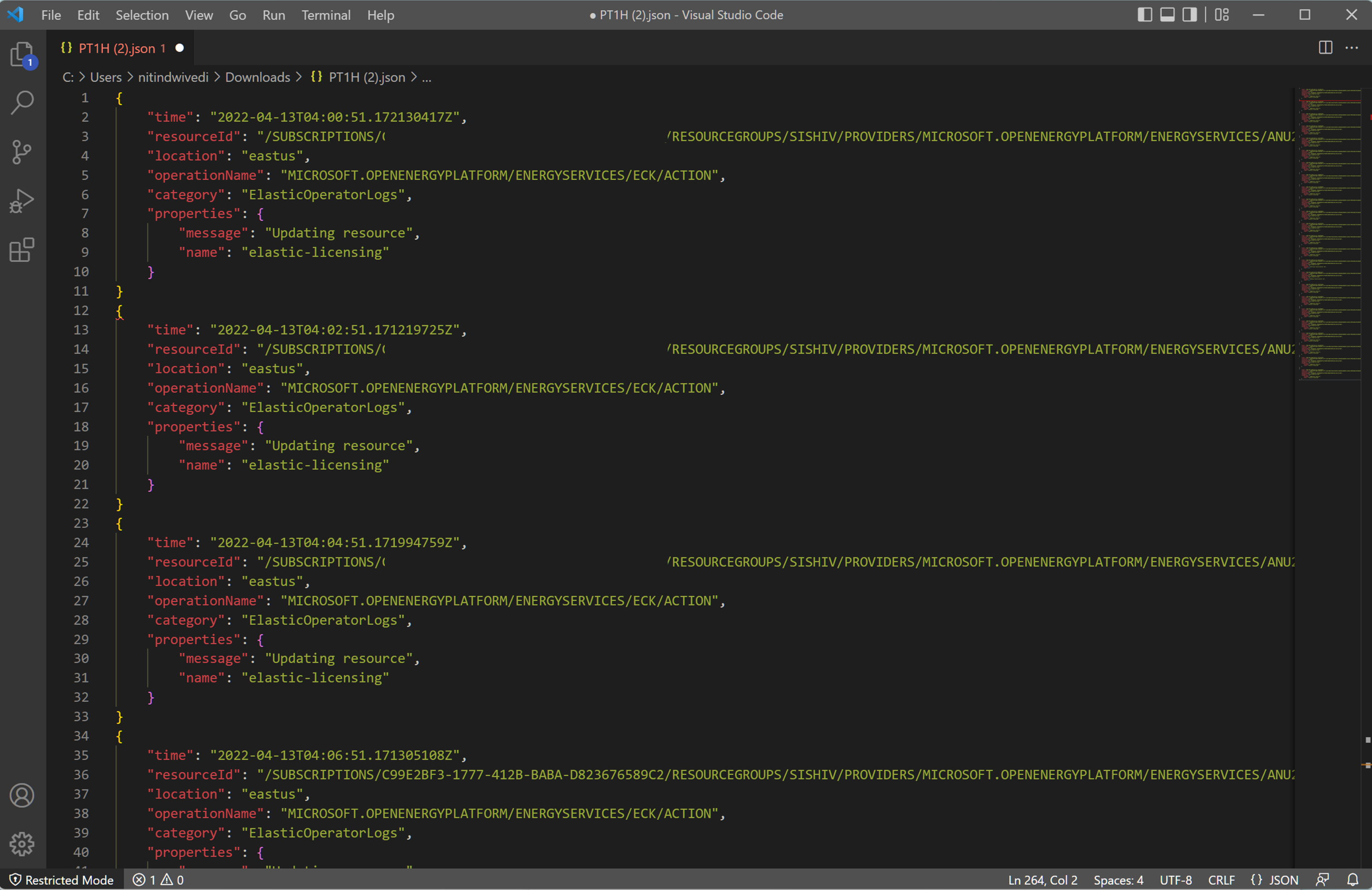 Screenshot to view downloaded JSON file locally. The images shows formatted logs in Visual Studio Code.