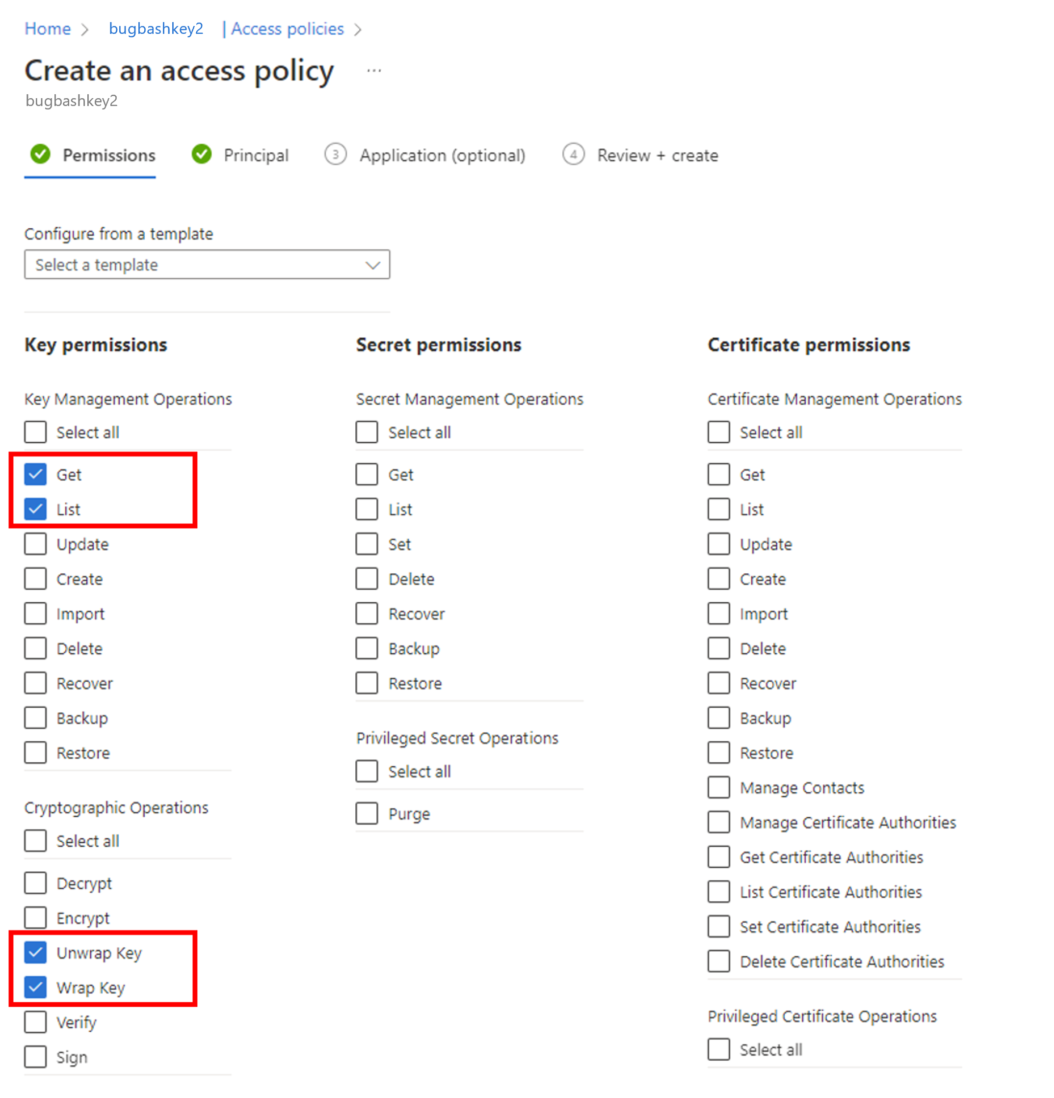 Screenshot of get, list, wrap, and upwrap key access policy