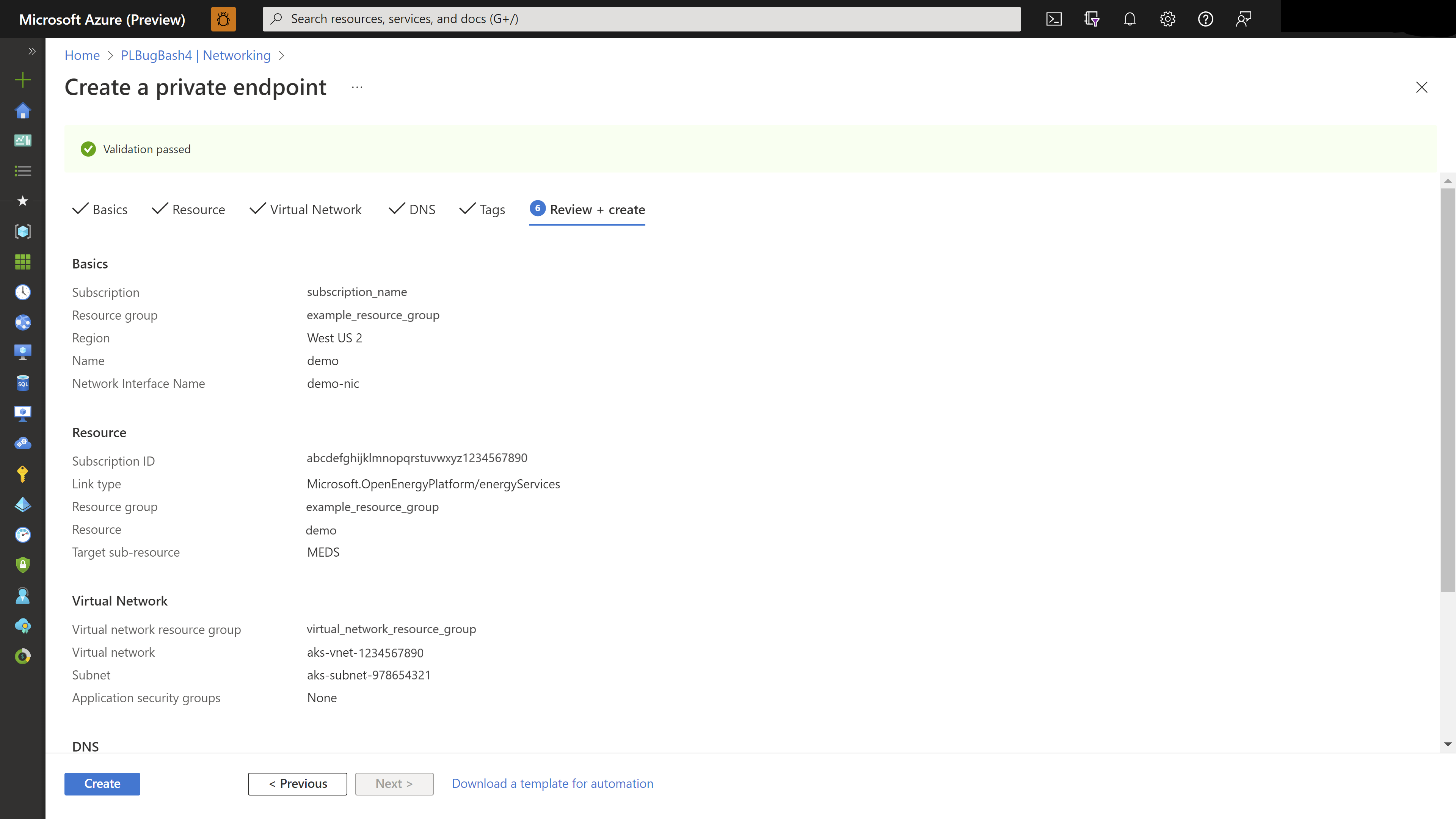 Screenshot of the page that summarizes and validates configuration of your private endpoint.