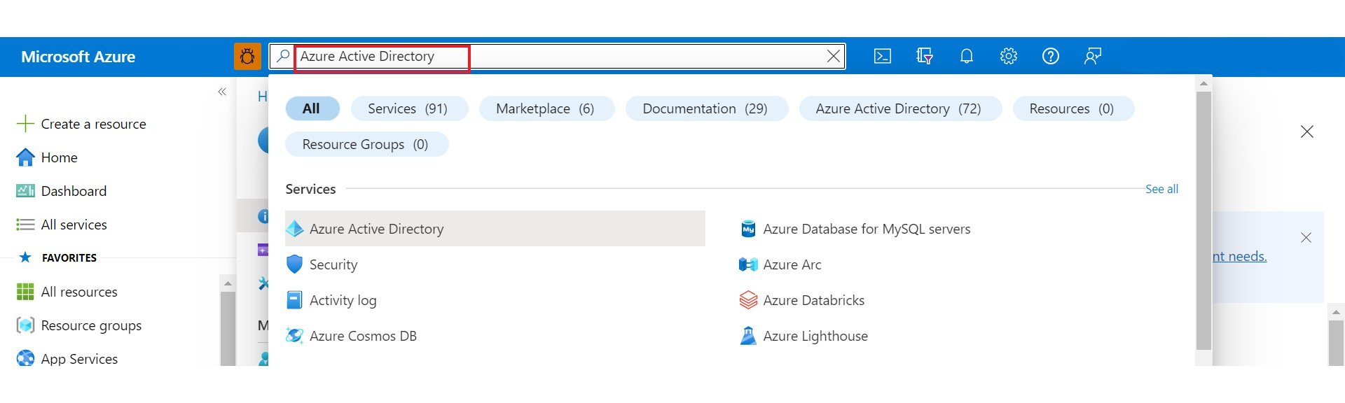 Screenshot of search for Azure Active Directory.
