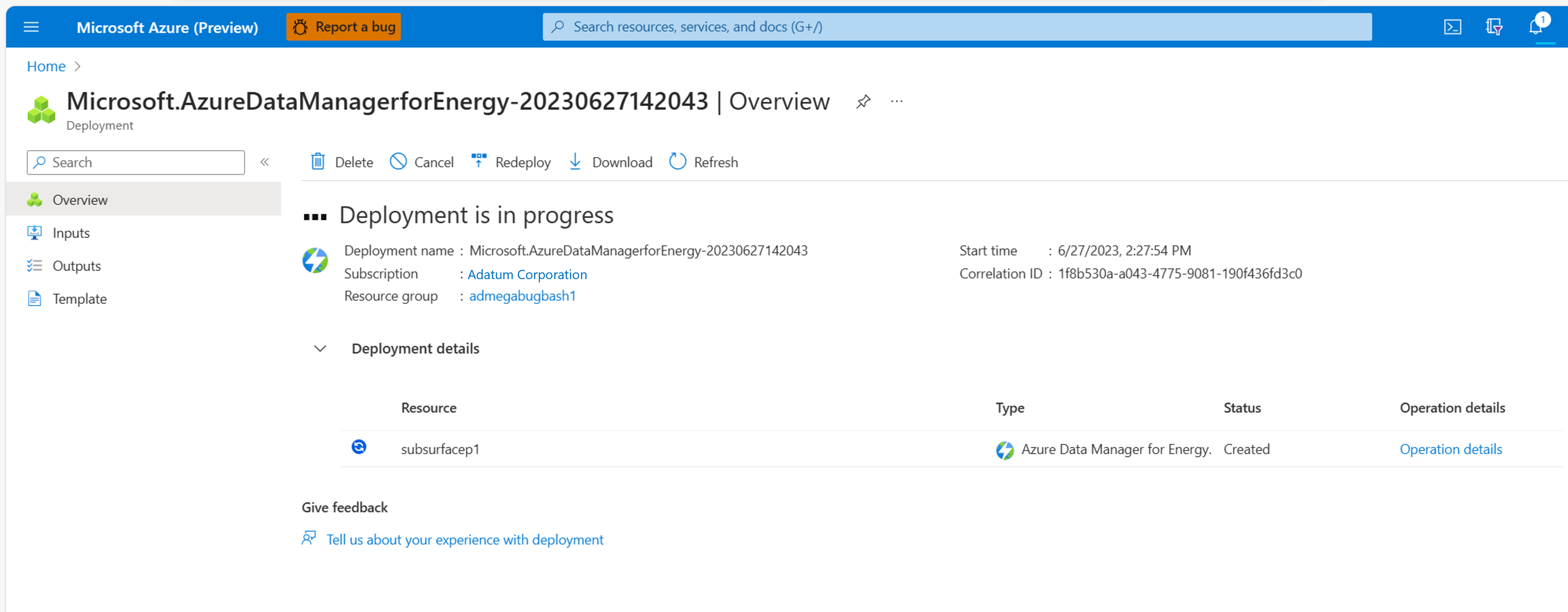 Screenshot of the deployment progress page. Options are available to view details of the deployment.