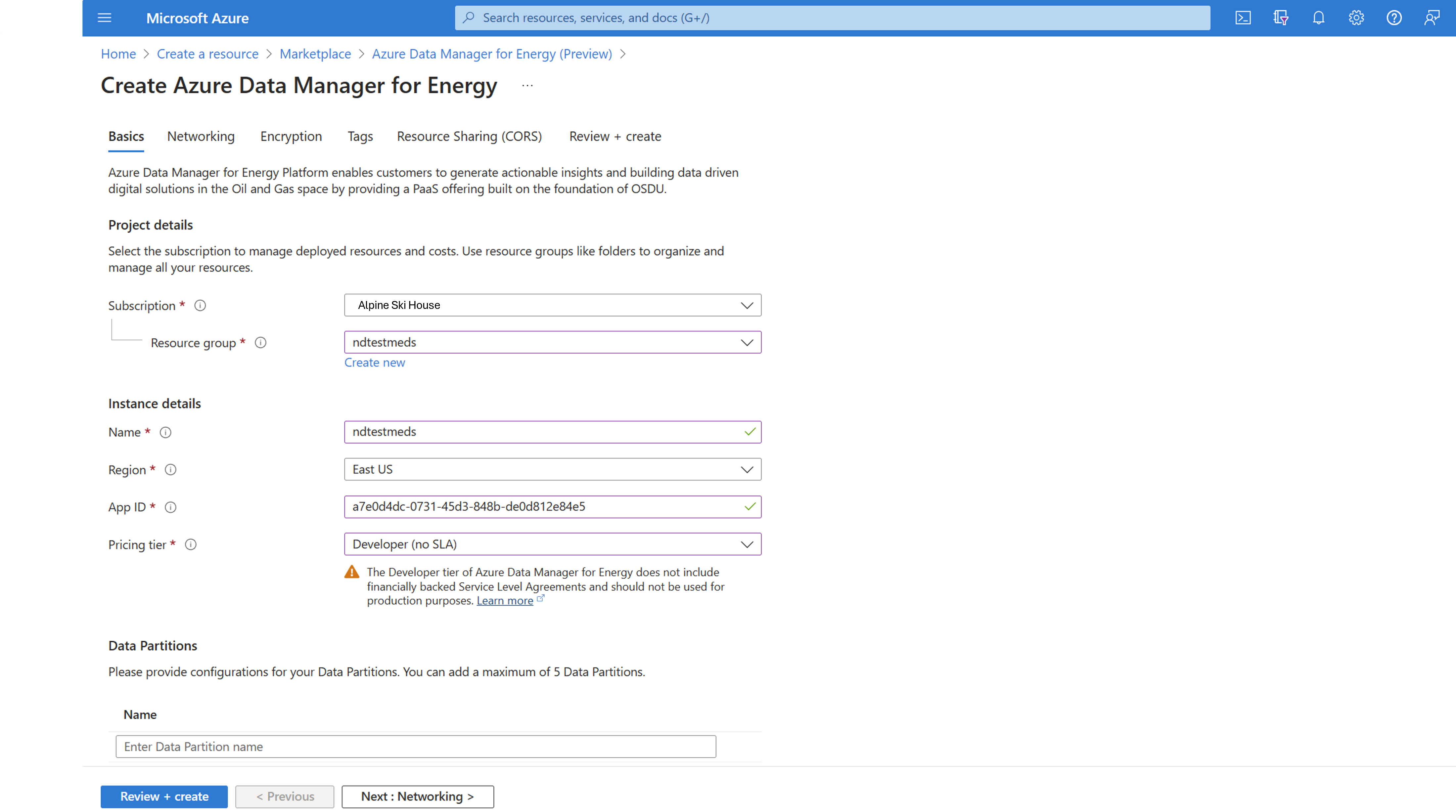 Screenshot of the basic details page after you select Create for Azure Data Manager for Energy. This page allows you to enter both instance and data partition details.