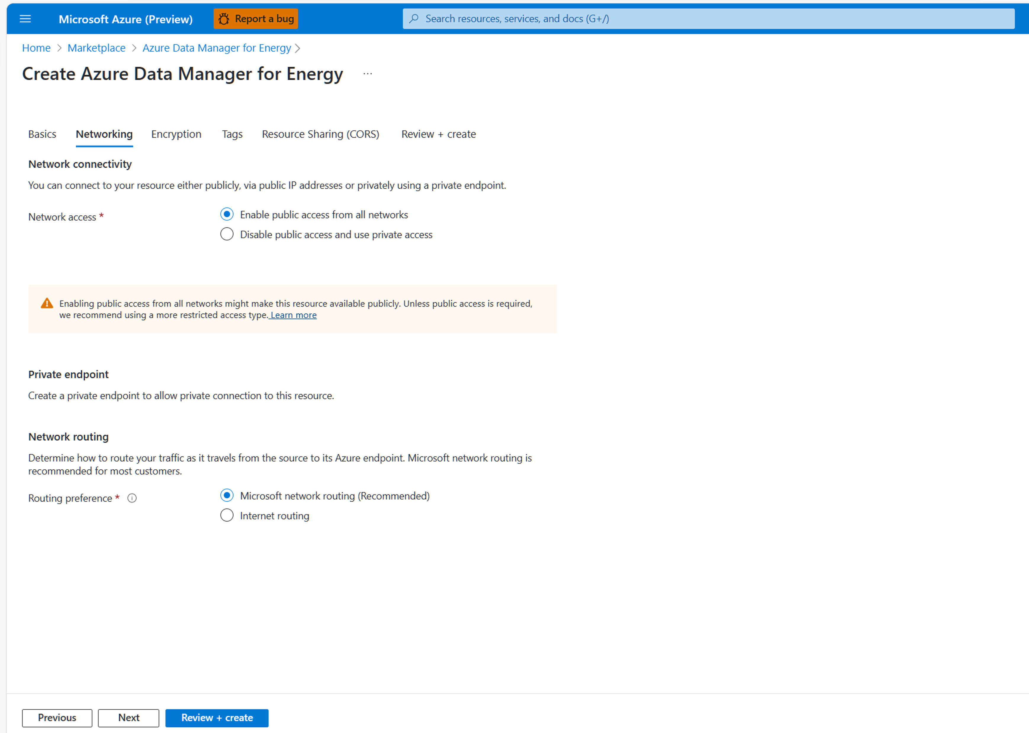 Screenshot of the networking tab on the create workflow. This tab shows that customers can disable private access to their Azure Data Manager for Energy.