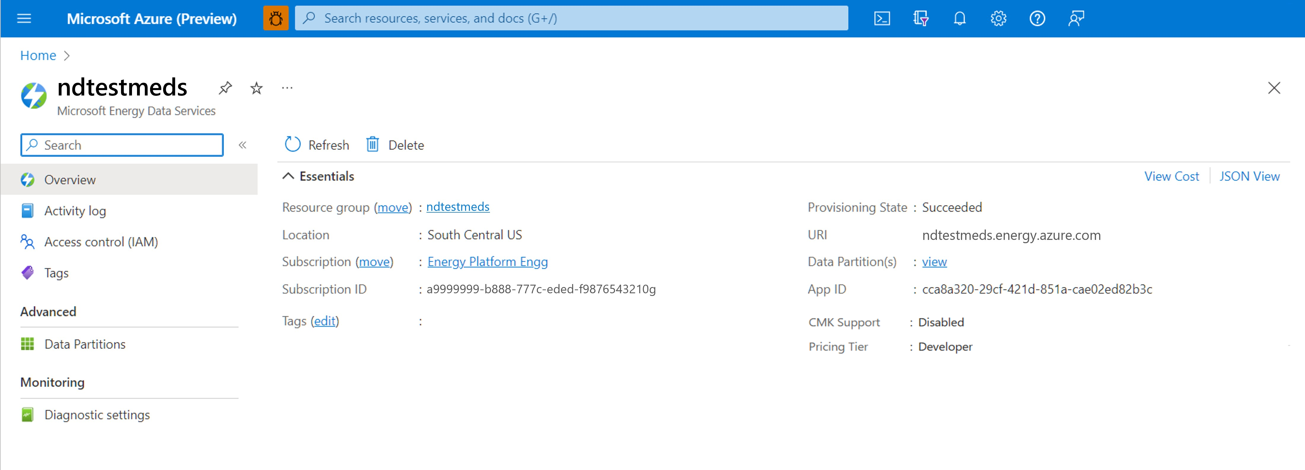Screenshot of the overview of Azure Data Manager for Energy instance page. Details as such data partitions, instance URI, and app ID are accessible.
