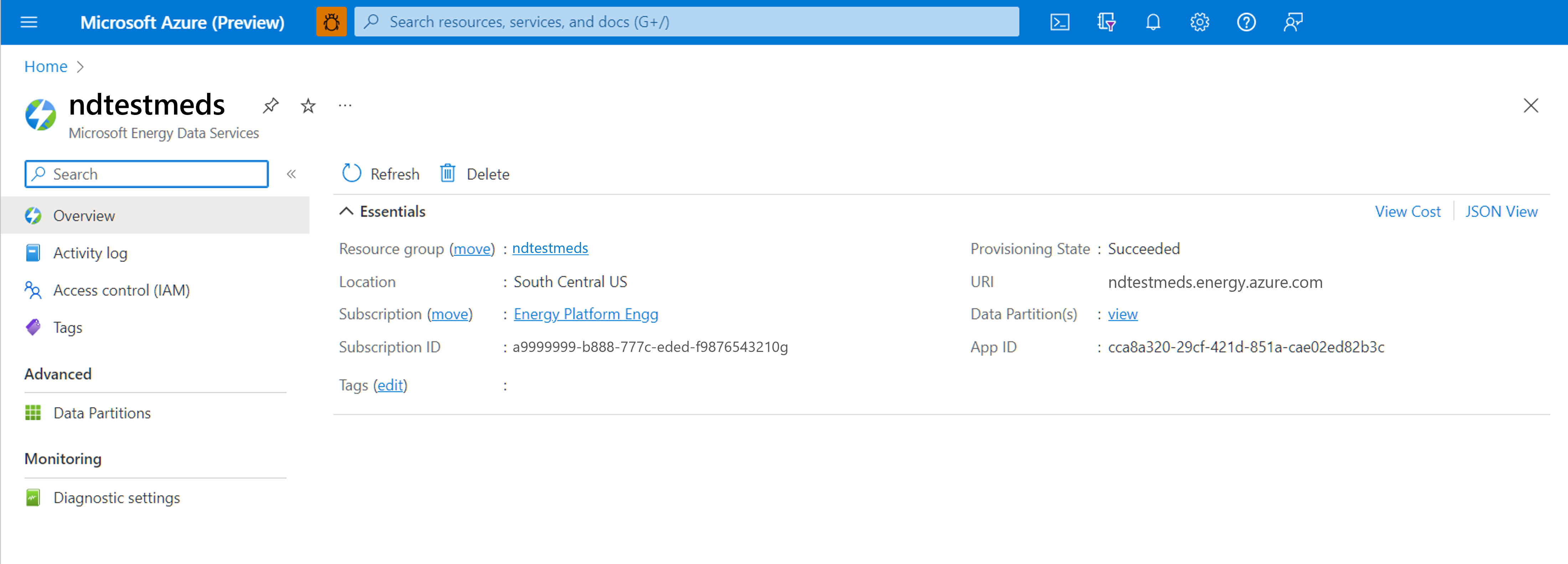 Screenshot of the overview of Azure Data Manager for Energy Preview instance page. Details as such data partitions, instance URI, and app ID are accessible.