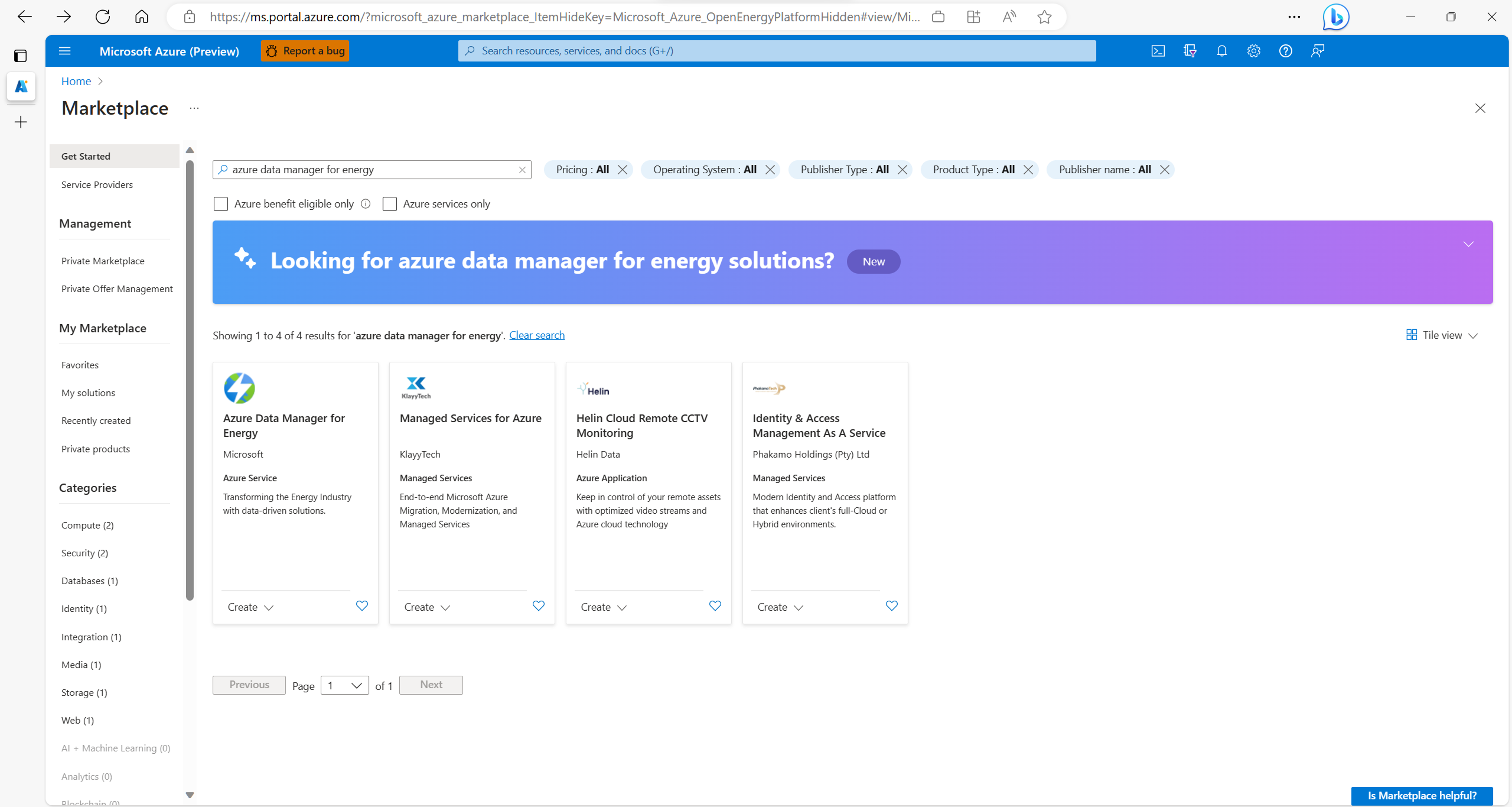 Screenshot of the search result on Azure Marketplace that shows Azure Data Manager for Energy. Azure Data Manager for Energy shows as a card.