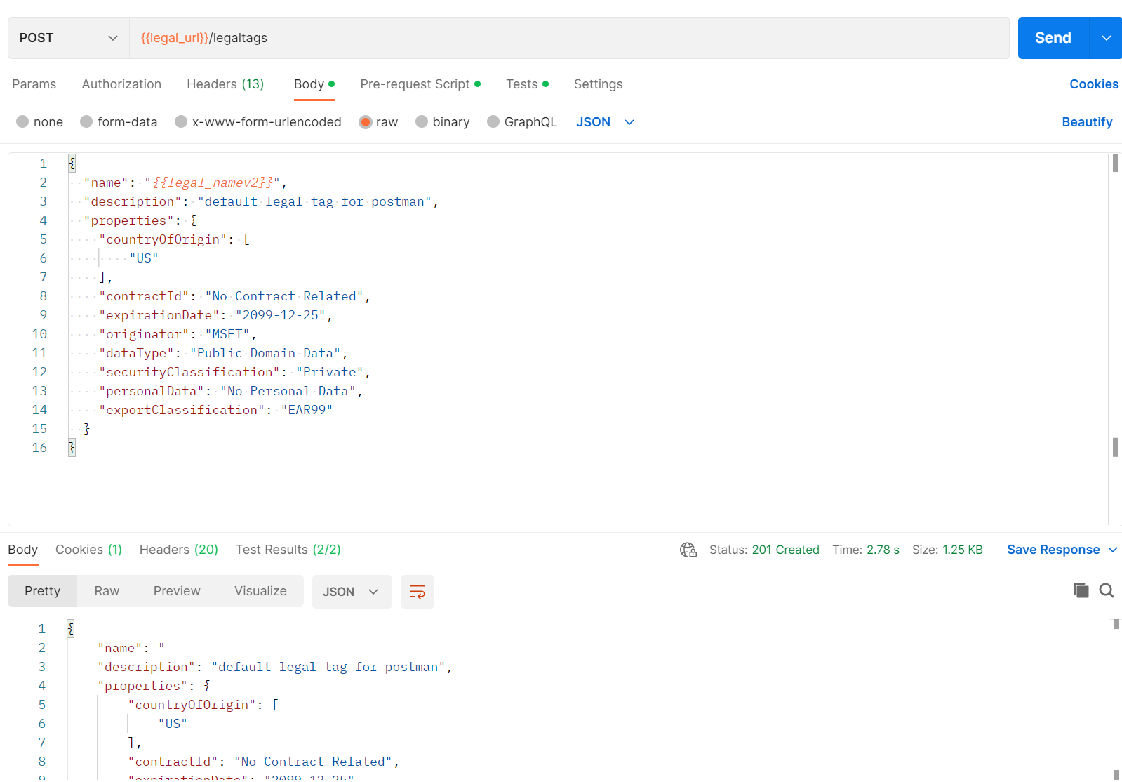 Screenshot that shows the API that creates a legal tag.