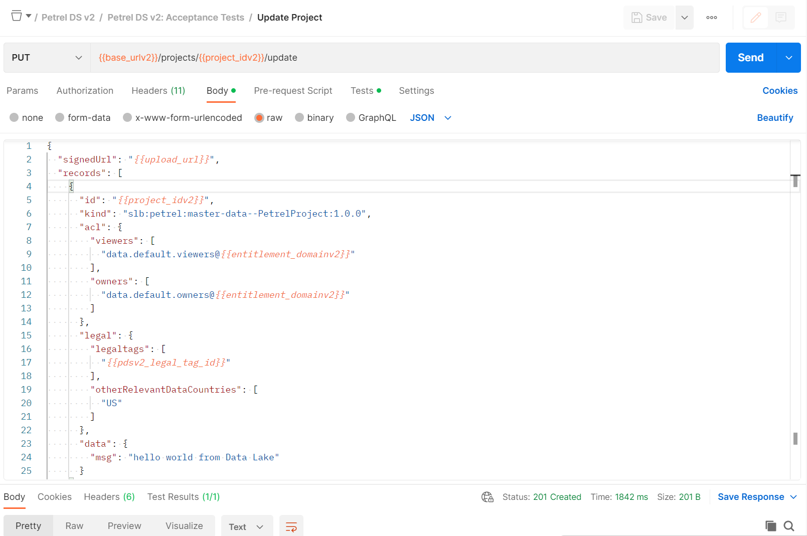 Screenshot that shows the API that updates project.