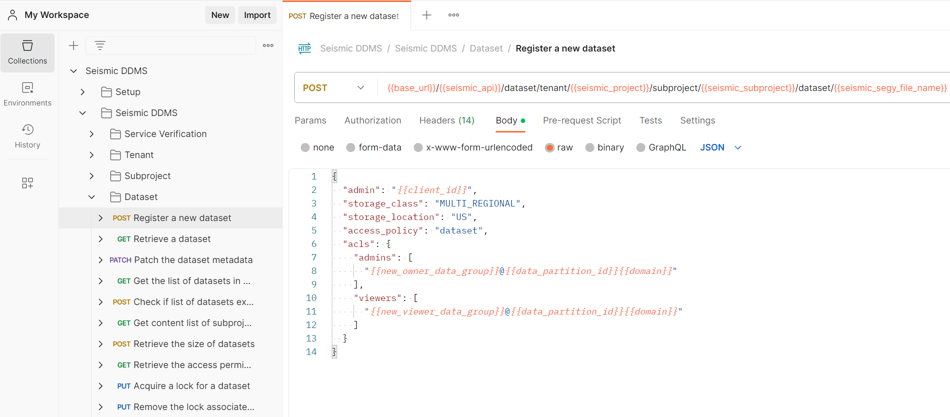 Screenshot that shows the API that creates a dataset.