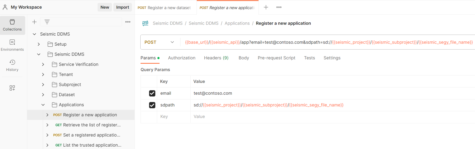 Screenshot that shows the API that registers an application.