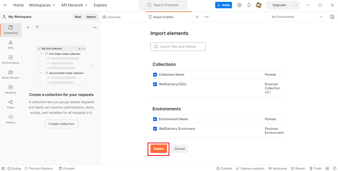 Screenshot that shows importing collection and environment files in Postman.