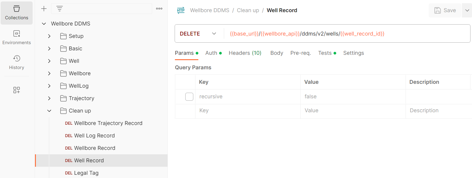 Screenshot that shows the API that deletes a well record.