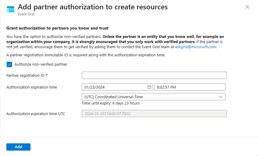 Screenshot for granting a non-verified partner the authorization to create resources in your resource group.