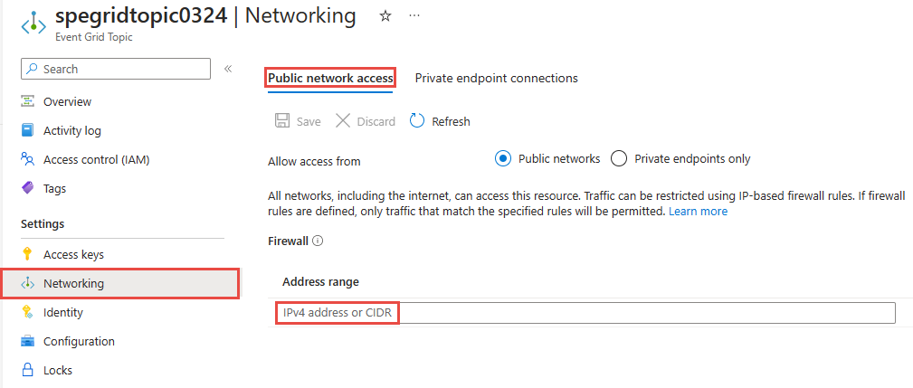 Screenshot that shows the Public network access page with Public networks selected.