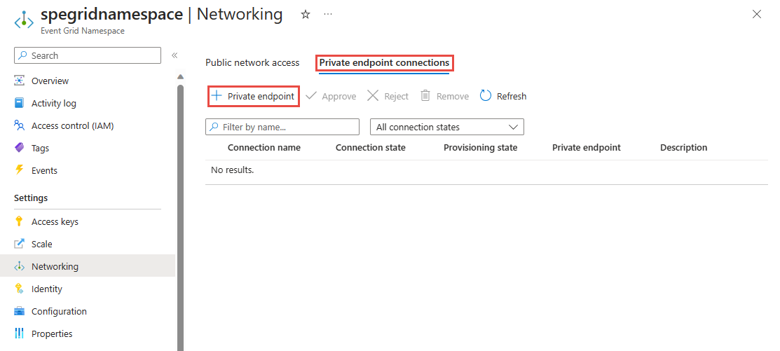 Screenshot that shows the Private endpoint connections tab of the Networking page with Add private endpoint button selected.