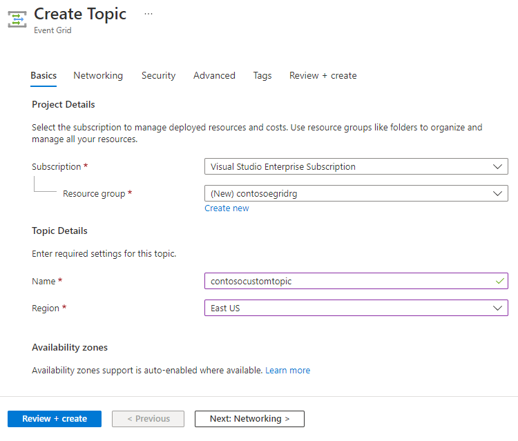 Screenshot showing the Networking page of the Create Topic wizard.