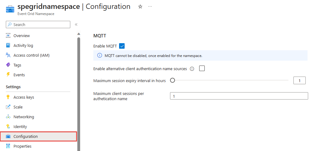 Screenshot showing Event Grid MQTT settings.