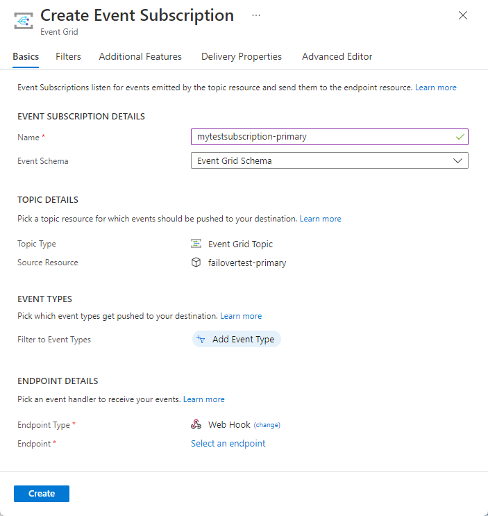 Screenshot showing the selection of the Create Event Subscription page.