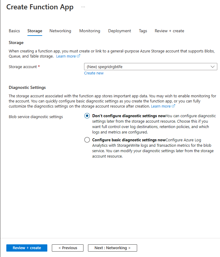 Screenshot showing the Storage tab of the Create Function App page.