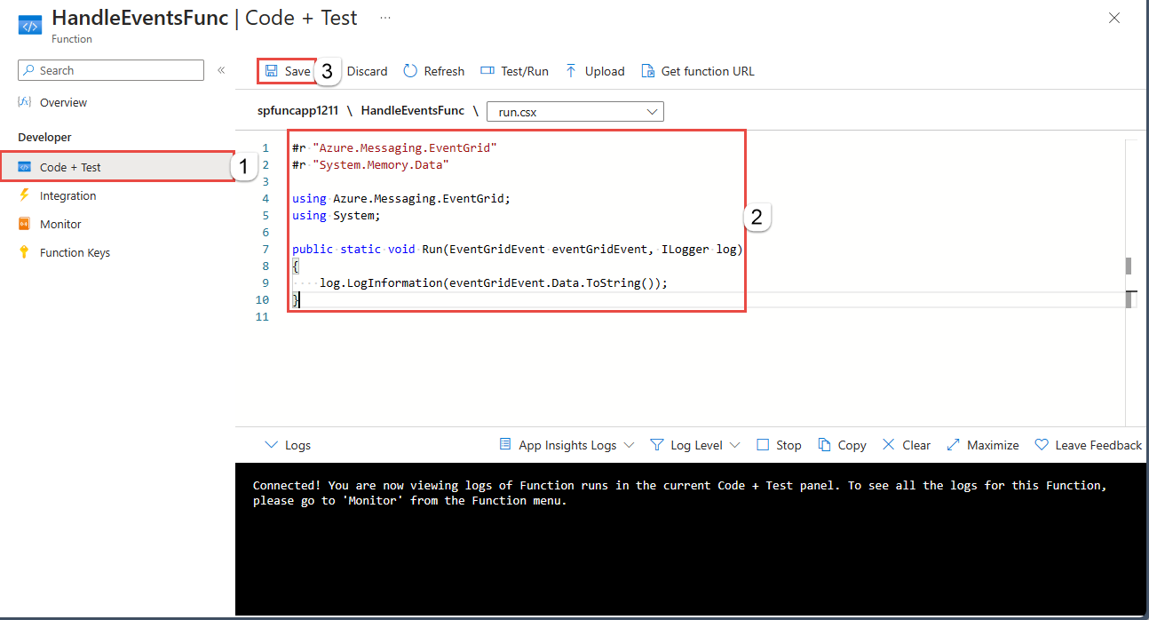 Image showing the selection Code + Test menu for an Azure function.