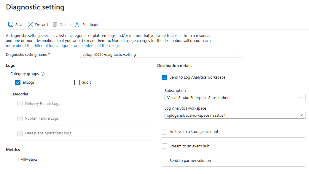 Screenshot that shows the "Diagnostic settings" page with "Send to Log Analytics" checked.