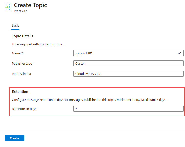 Screenshot showing the Create Topic page with the Retention section highlighted.