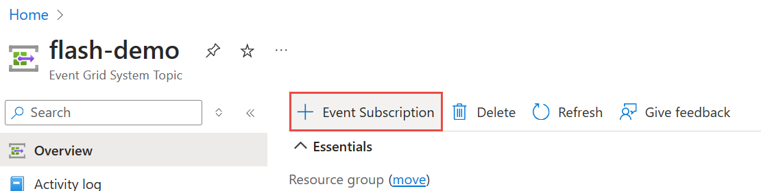 Screenshot that shows the System Topic page with Create Subscription button selected.