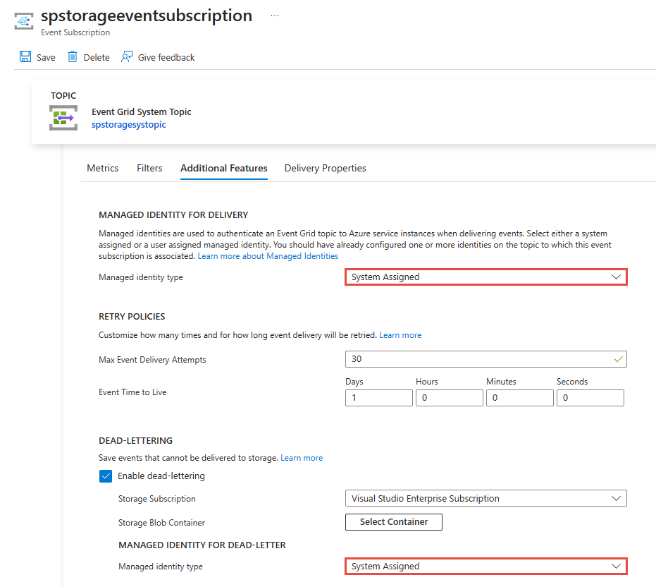 Screenshot that shows how to enable a system-assigned identity on an existing event subscription.