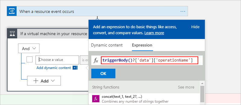 Screenshot showing workflow designer and condition editor with expression to extract the operation name.