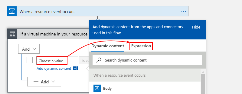 Screenshot that shows the workflow designer with the condition action and dynamic content list open with "Expression" selected.
