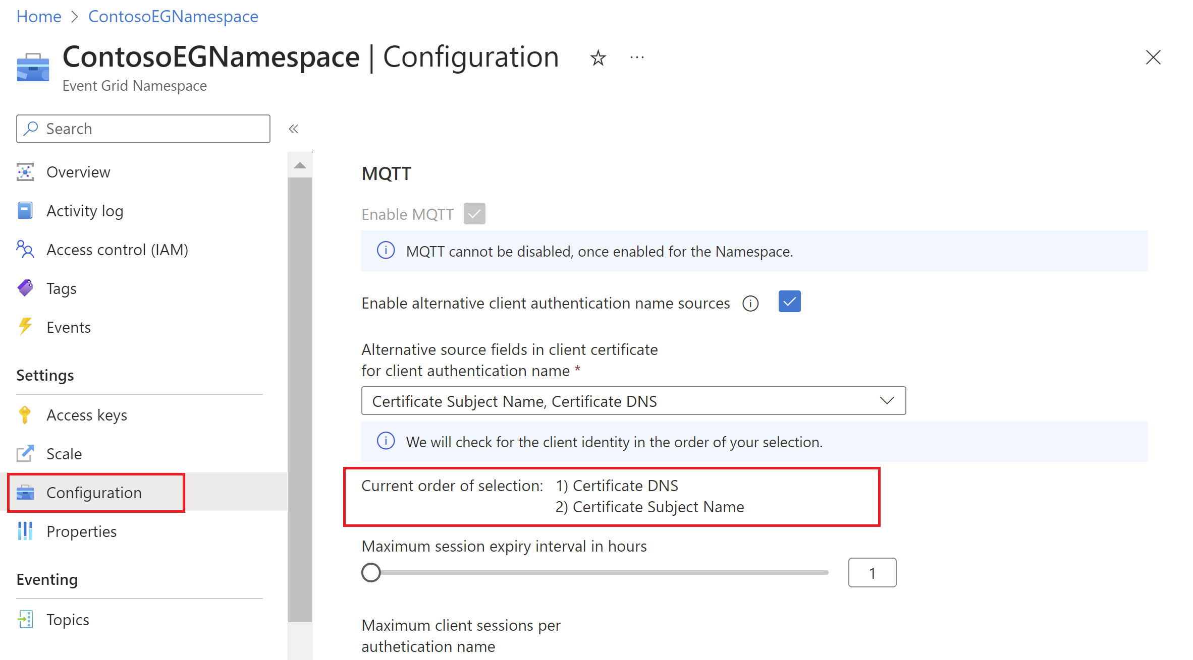 Screenshot showing namespace configuration page with client authentication name alternate source settings.