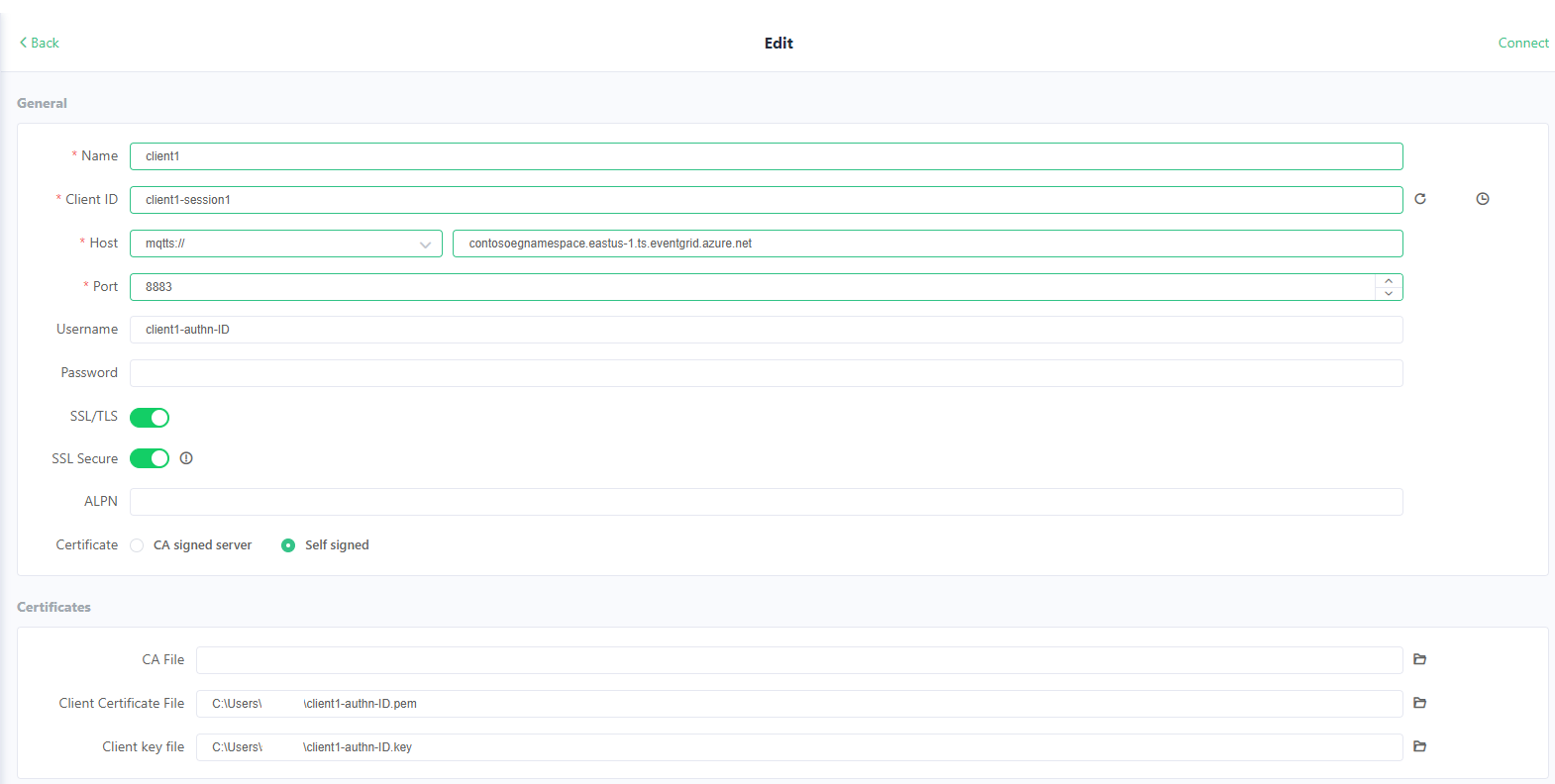 Screenshot showing client 1 configuration part 1 on MQTTX app.