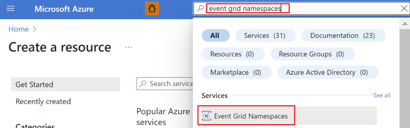Screenshot of searching for Event Grid namespace on Azure portal.